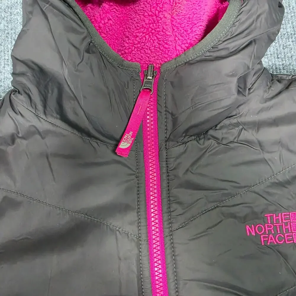 The North Face Girls XL Reversible Fleece Lined Hooded Jacket Pink Charcoal